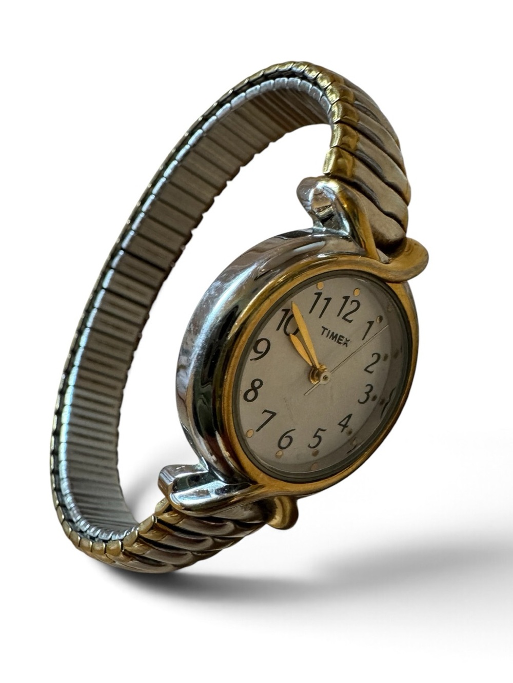 🩶VTG 80s Timex Quartz Two-Tone Silver Gold Minimalist Stretchy Bracelet Watch
